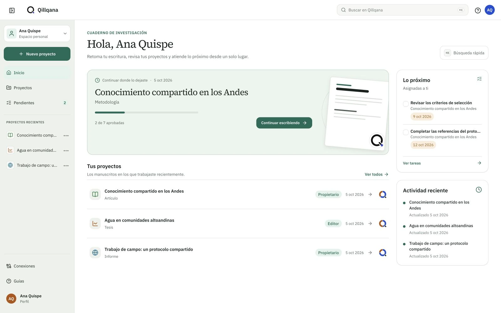 Inicio actual de Qillqana con un manuscrito en curso, su avance de revisión y las tareas del equipo.
