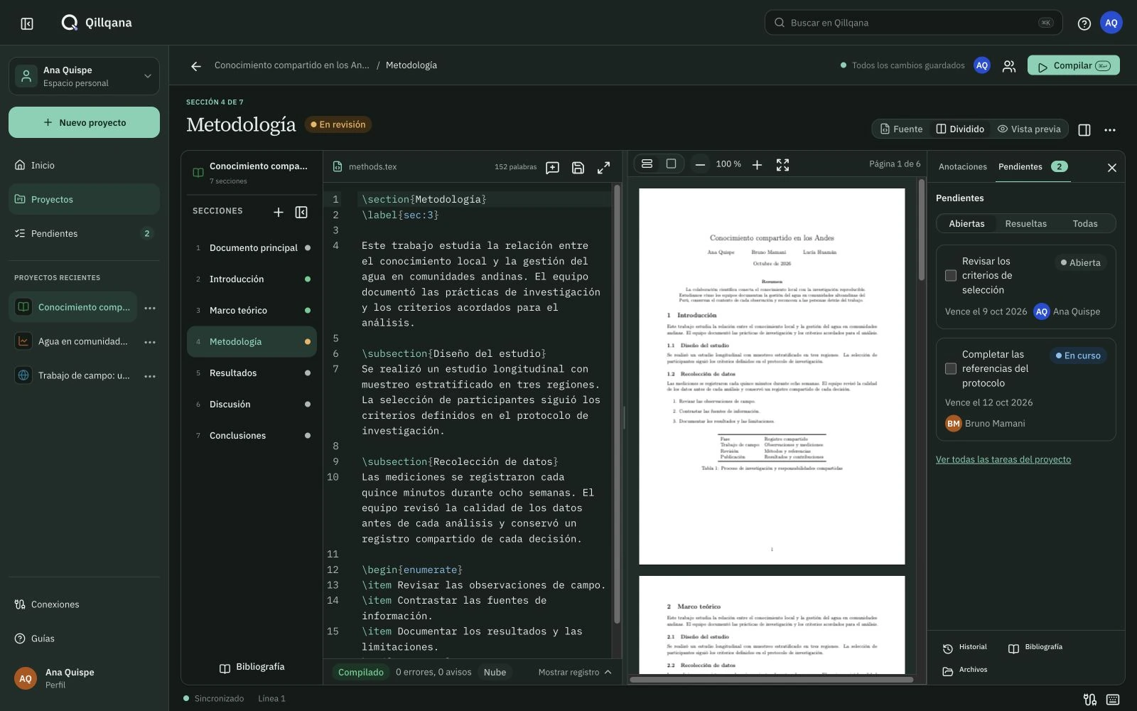 Editor actual de Qillqana en tema oscuro, con el PDF compilado y tareas de revisión.